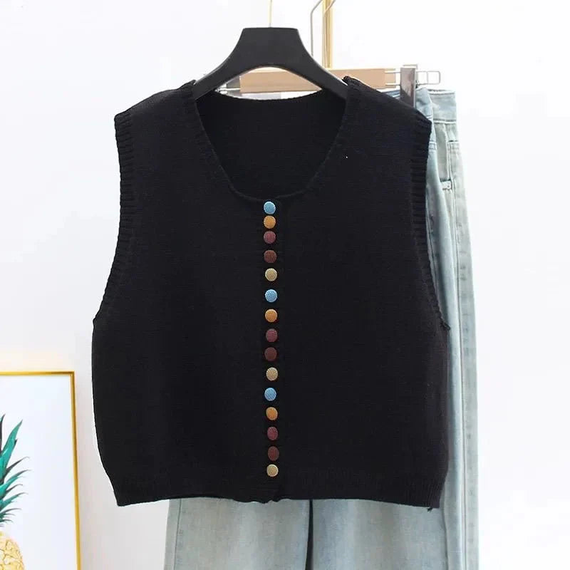 Sleeveless knit vest with scoop neck and multicolour front buttons