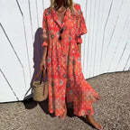 Women's multicolor floral V-neck maxi dress with three-quarter sleeves