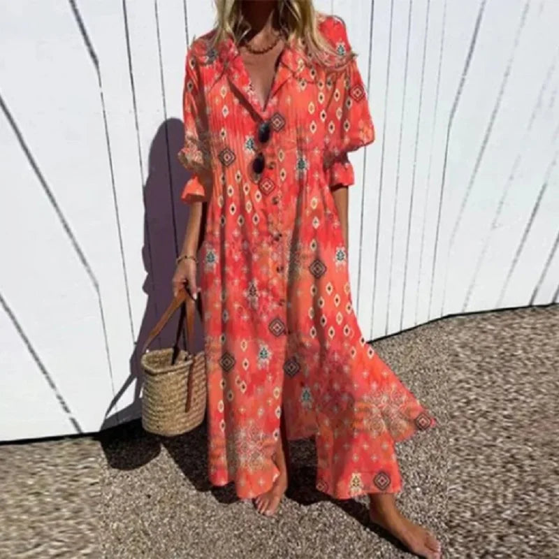 Women's multicolor floral V-neck maxi dress with three-quarter sleeves