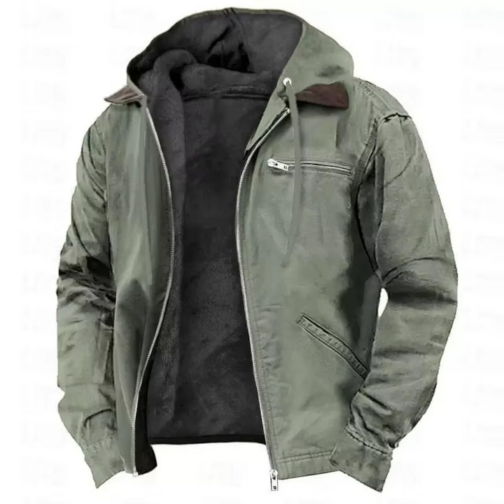 Men's hooded workwear jacket with zip front and utility pockets