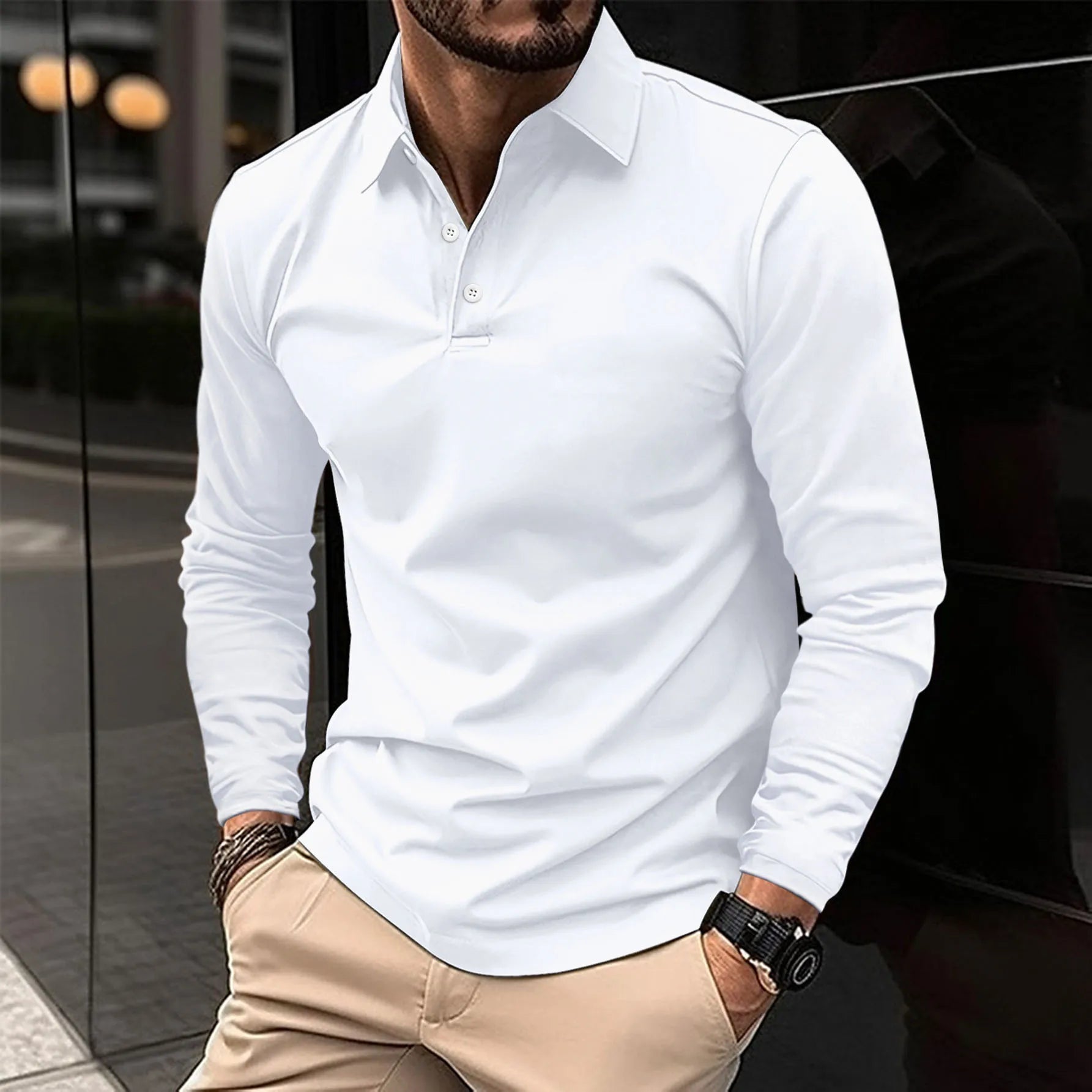 Men's long sleeve polo shirt with collar and button placket