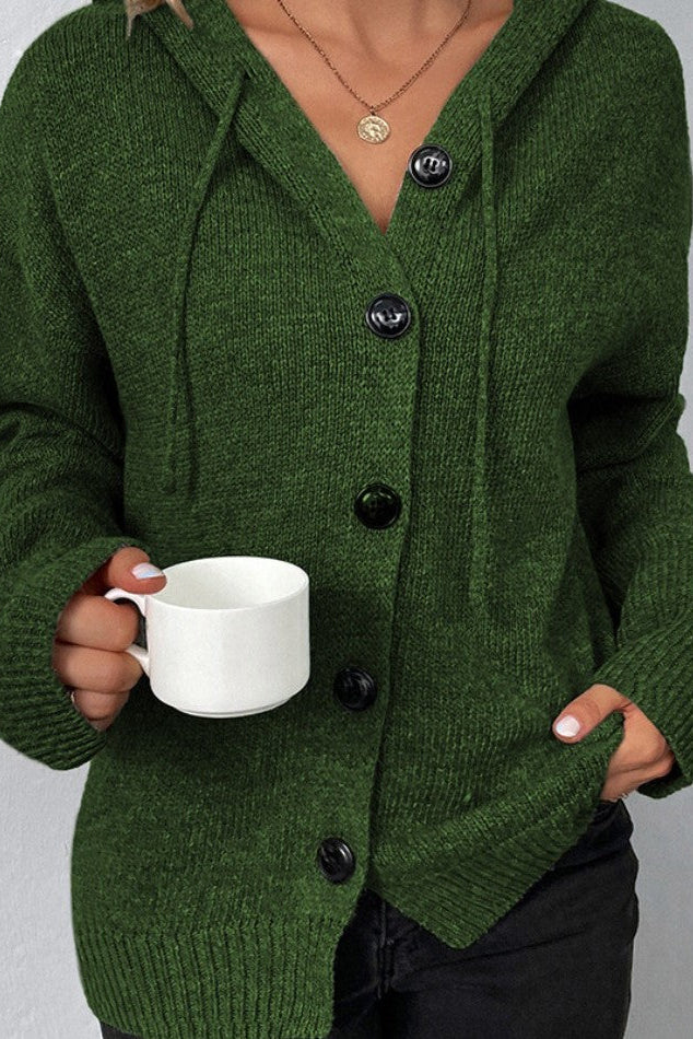 Women's hooded knitted cardigan with button front and ribbed trims
