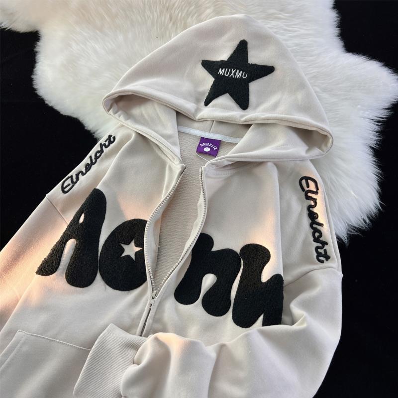 Women's hooded zip-up hoodie with contrasting star appliqué, lettering and front pouch pocket