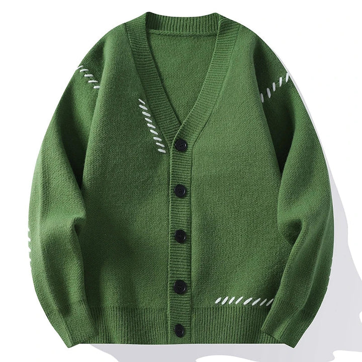 Textured button-front cardigan with V-neckline and contrasting stitched details
