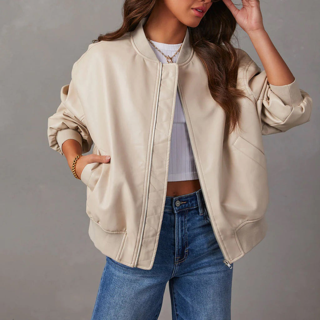 Women's bomber jacket with round collar, zip front, long sleeves and side pockets