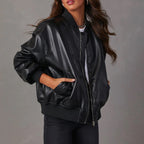 Women's bomber jacket with round collar, zip front, long sleeves and side pockets
