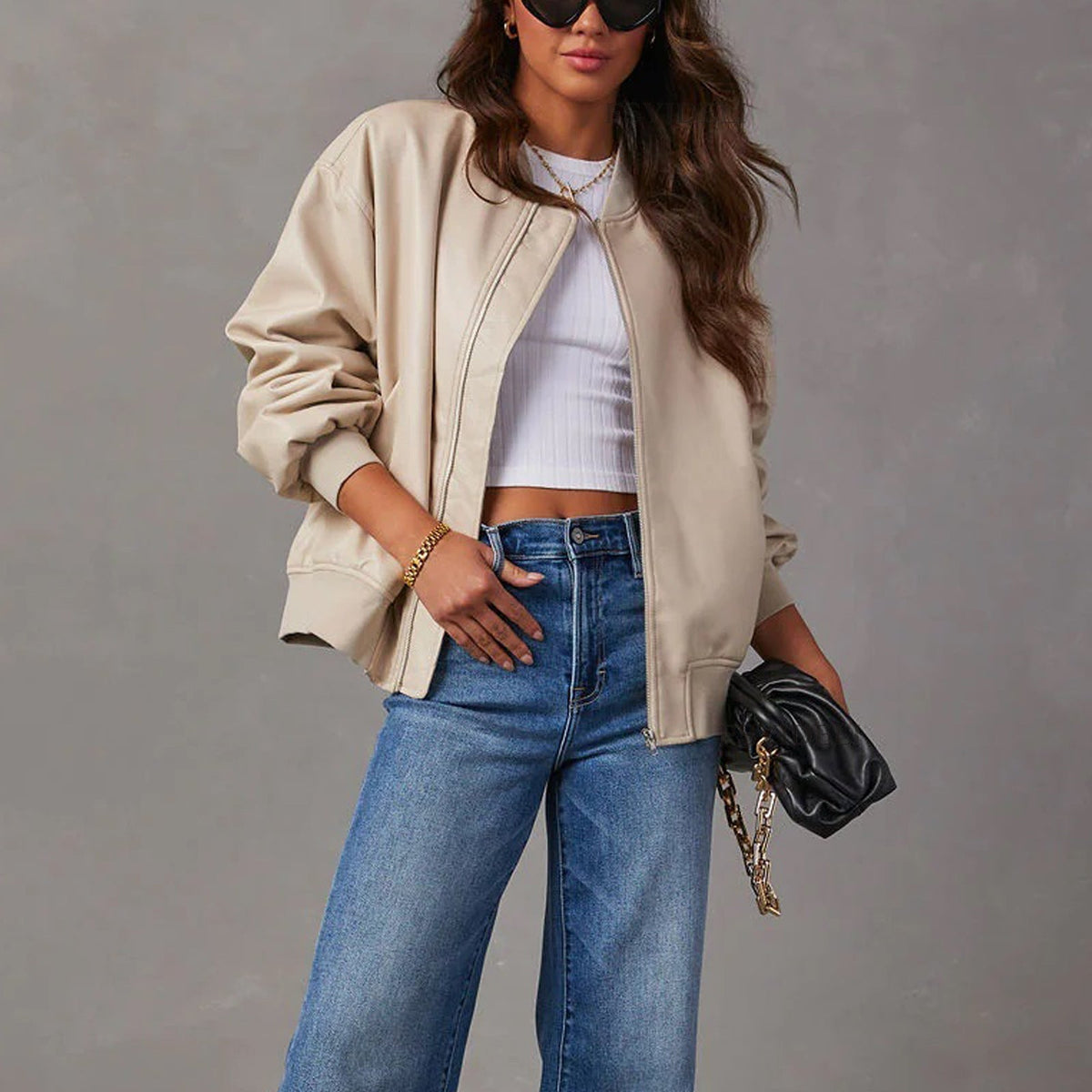 Women's bomber jacket with round collar, zip front, long sleeves and side pockets
