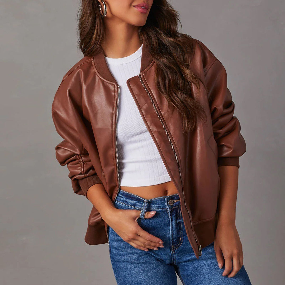 Women's bomber jacket with round collar, zip front, long sleeves and side pockets