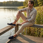 Men's slip-on loafers with stitched trim and contrast soles