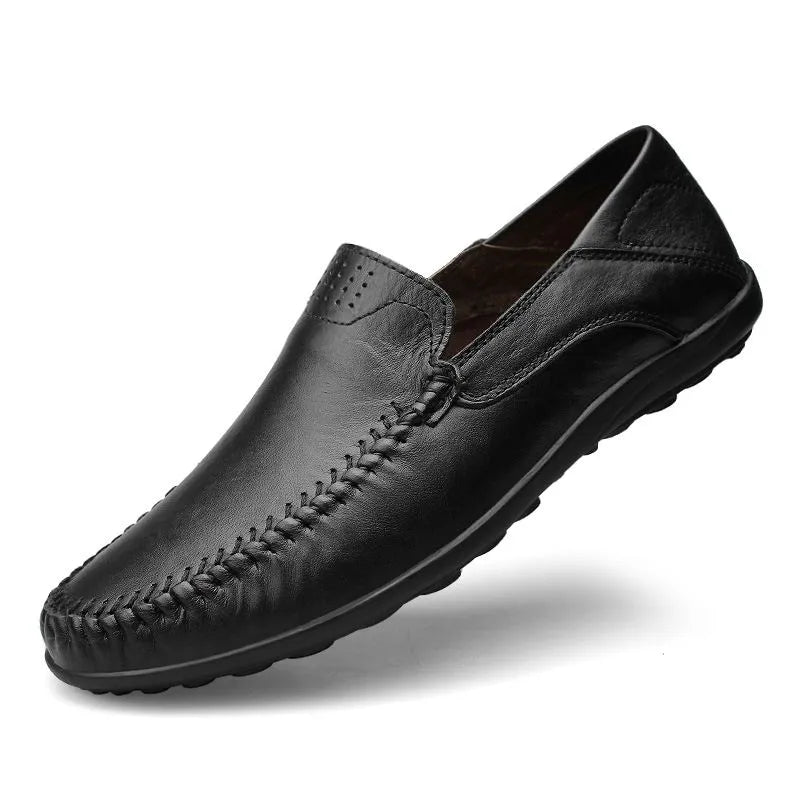 Men's slip-on leather loafers with rounded moc toe and stitched detailing
