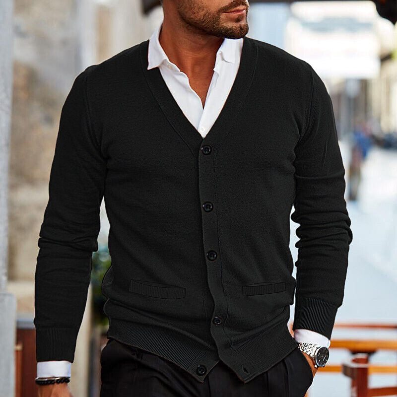 Men's plain V-neck cardigan with buttons and long sleeves