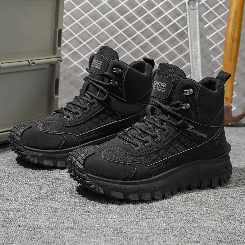 Men's high-top running shoes with lace-up fronts and lugged soles