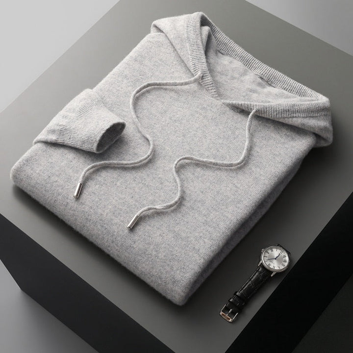 Men's plain hooded sweater with drawstrings and ribbed trims