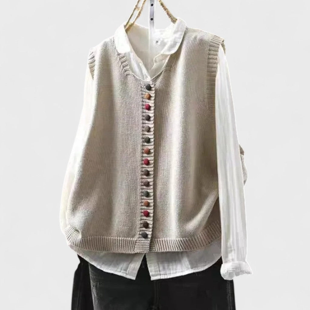 Women's sleeveless V-neck knit vest with colourful buttons