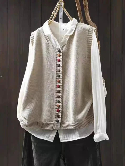 Women's sleeveless knit vest with V-neck and colorful buttons