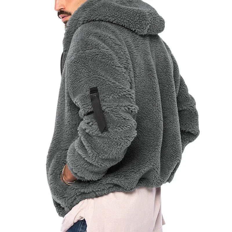 Men's textured hooded zip jacket with long sleeves and sleeve pocket