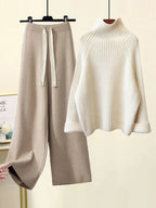 Women's ribbed knit set with turtleneck sweater and wide-leg trousers