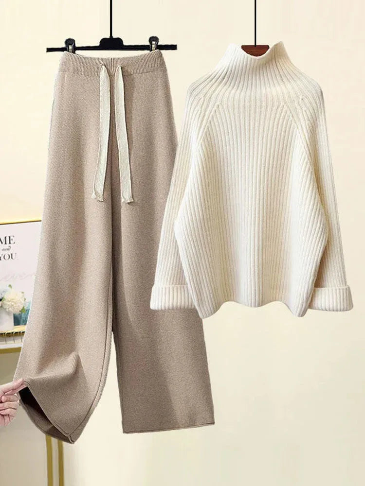 Women's ribbed knit set with turtleneck sweater and wide-leg trousers
