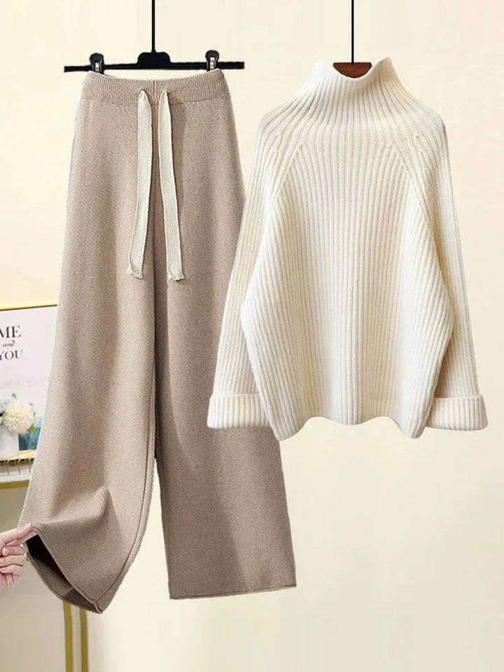 Women's ribbed knit set with turtleneck sweater and wide-leg trousers