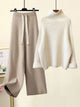 Women's ribbed knit set with turtleneck sweater and wide-leg trousers