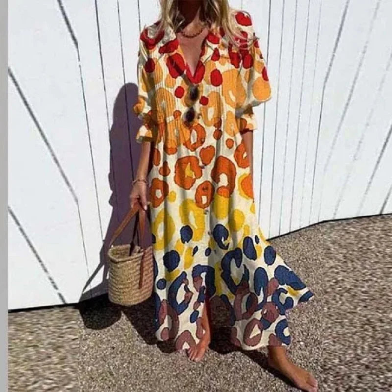 Women's multicolor floral V-neck maxi dress with three-quarter sleeves