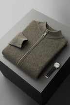 Men's long-sleeve zip-up cardigan with ribbed mock neck and trims