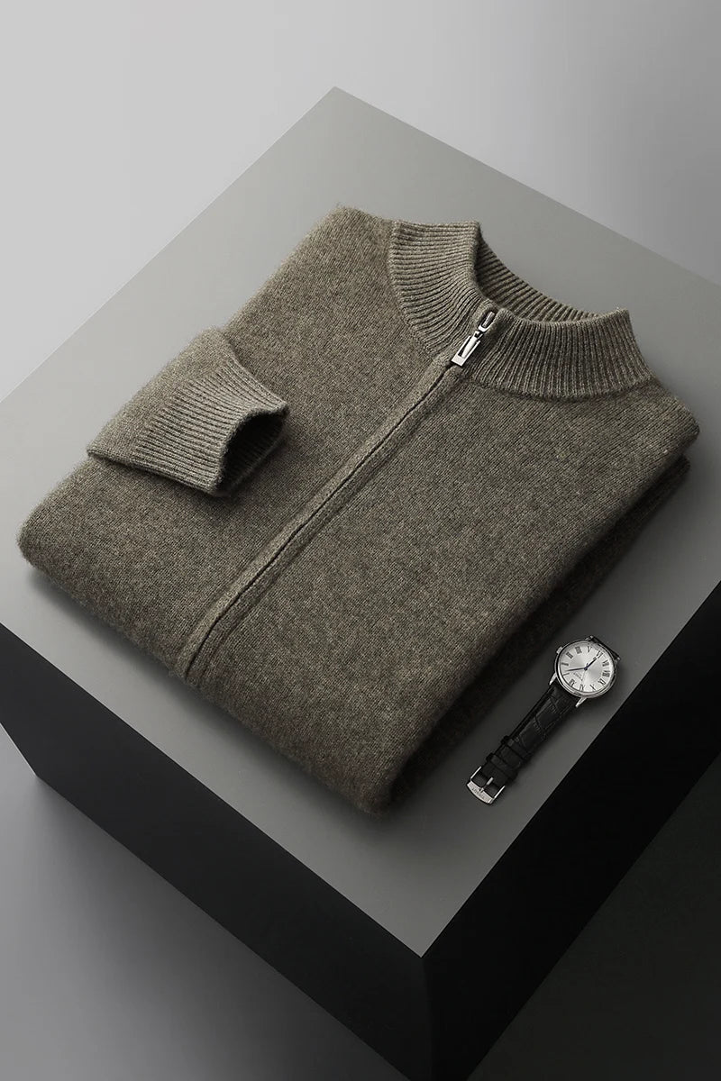 Men's long-sleeve zip-up cardigan with ribbed mock neck and trims
