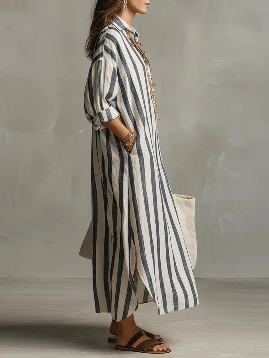 Women's long striped shirt dress with collar and rolled sleeves