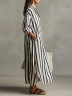 Women's long striped shirt dress with collar and rolled sleeves