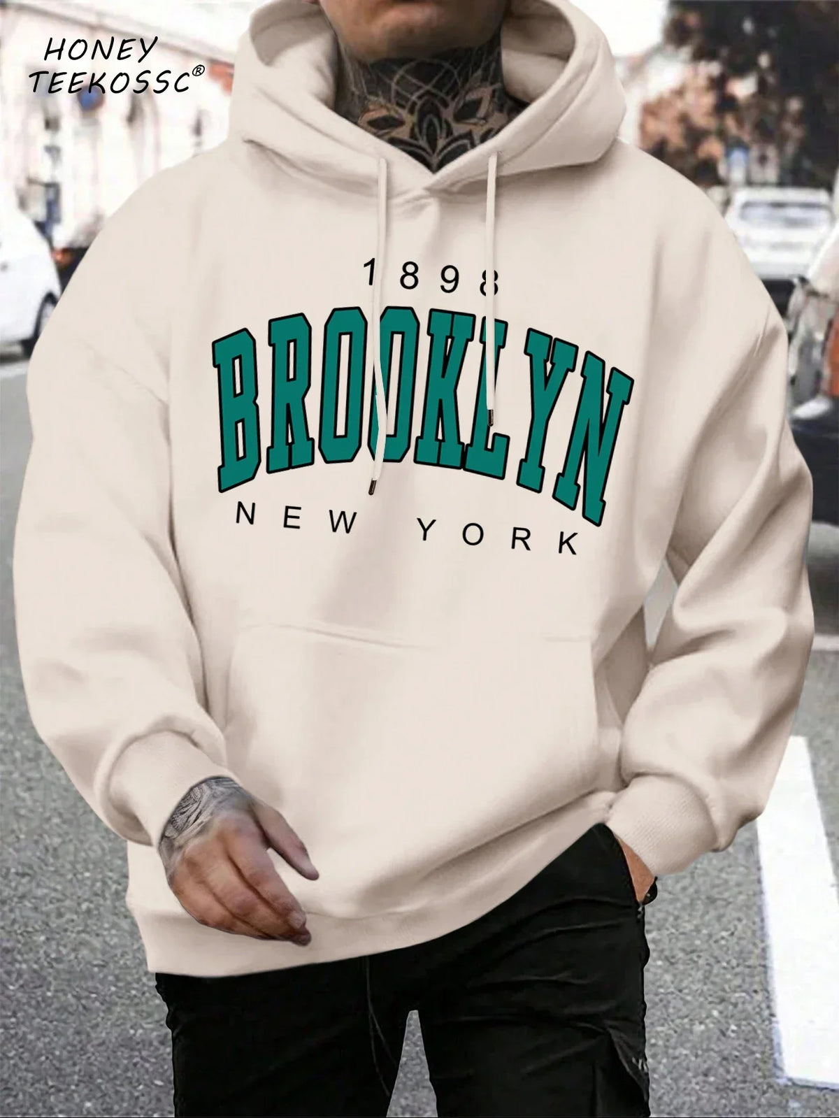 Men's long-sleeve graphic hoodie with drawstring hood and kangaroo pocket