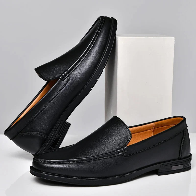 Men's slip-on moc toe loafers in black and brown