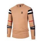 Men's crew neck sweater with striped long sleeves and ribbed trims