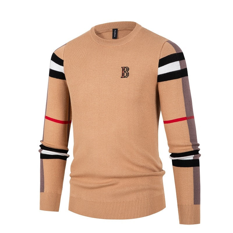 Men's crew neck sweater with striped long sleeves and ribbed trims