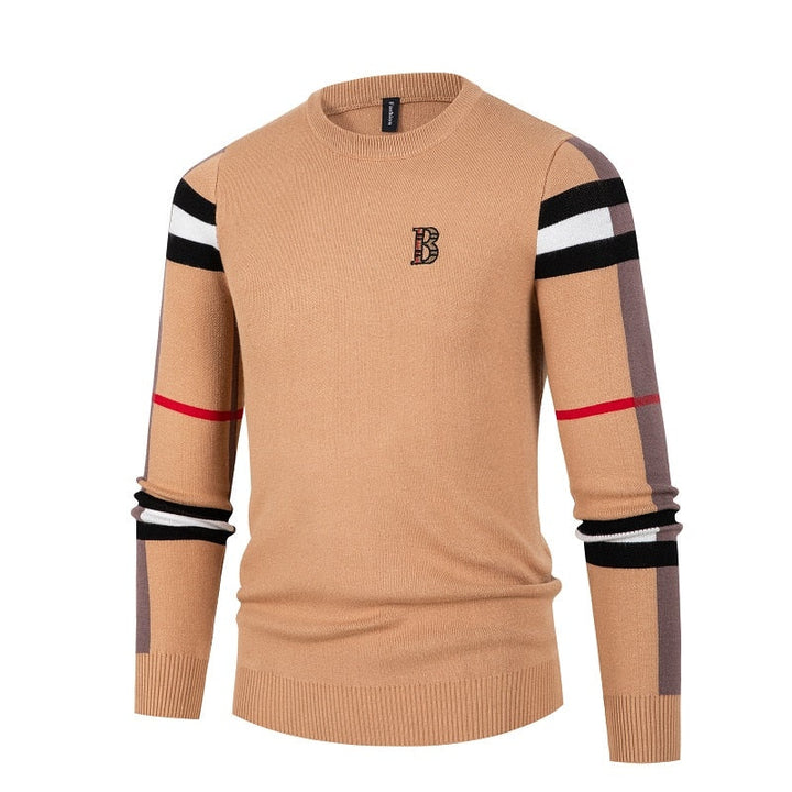 Men's crew neck sweater with striped long sleeves and ribbed trims
