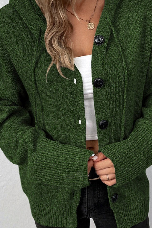 Women's hooded knitted cardigan with button front and ribbed trims