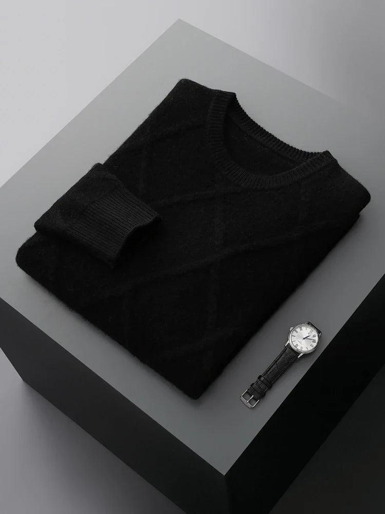Long-sleeve diamond pattern crew neck sweater with ribbed trims