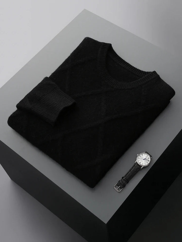 Long-sleeve diamond pattern crew neck sweater with ribbed trims