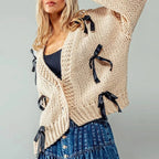 Women's knitted cardigan with ribbon bow ties and long sleeves