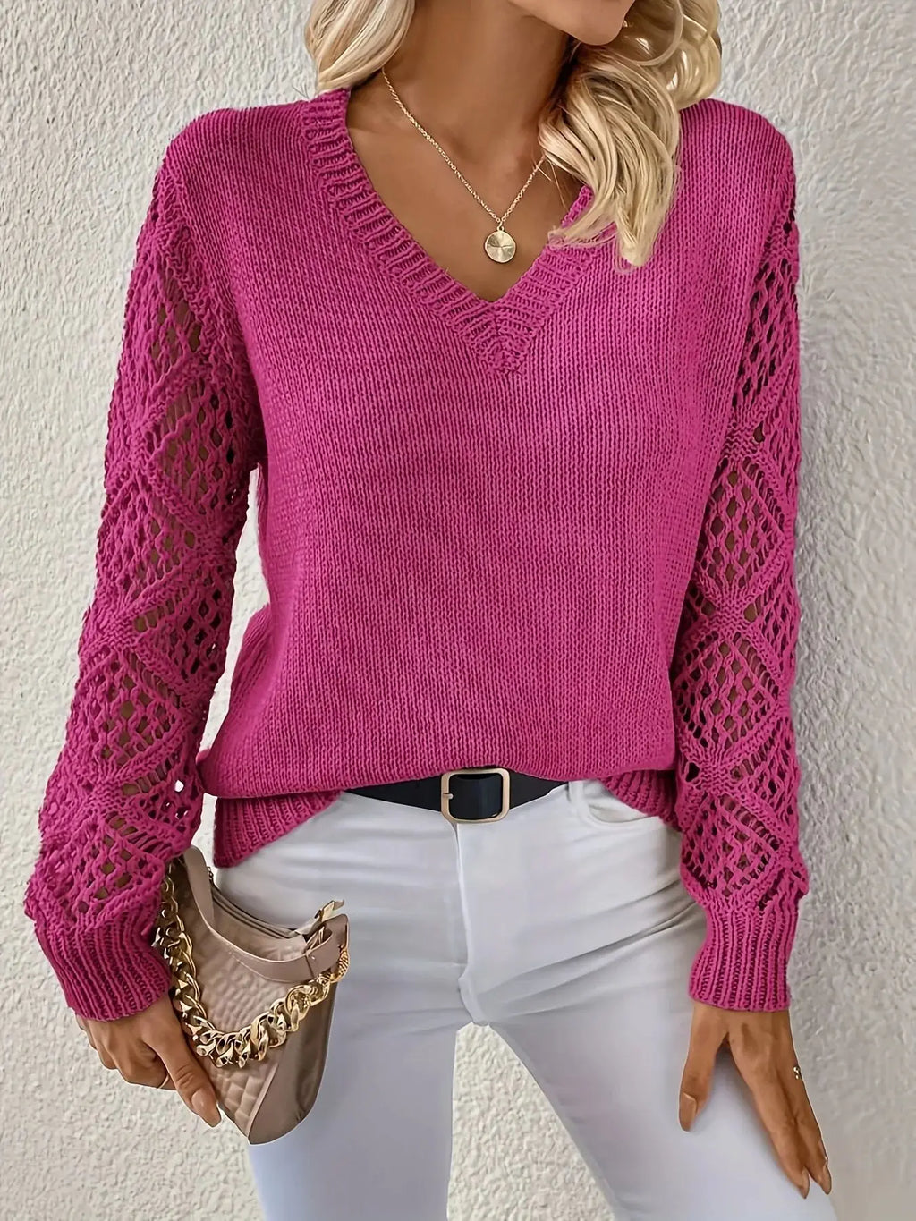 Women's V-neck sweater with open-knit textured sleeves