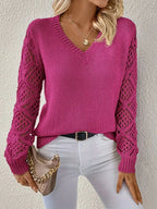 Women's V-neck sweater with open-knit textured sleeves