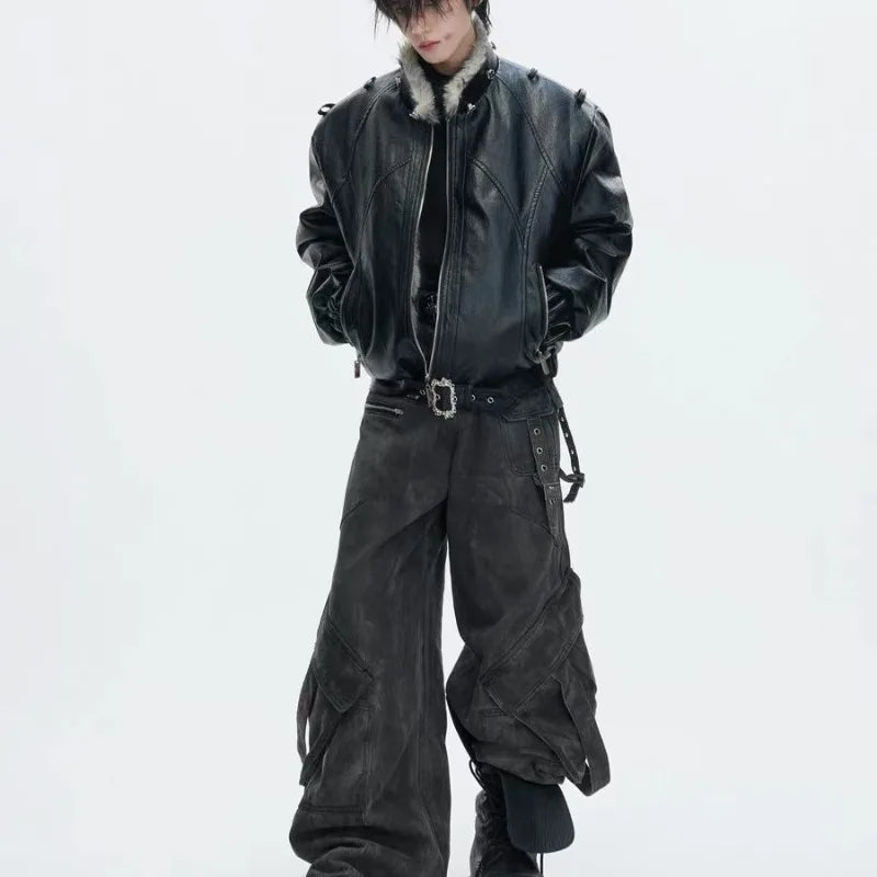 Men's Faux Leather Hooded Bomber Jacket
