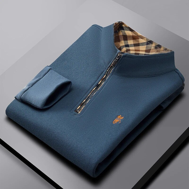 Men's quarter zip knit pullover with mock neck and checkered collar lining