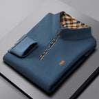 Men's quarter zip knit pullover with mock neck and checkered collar lining
