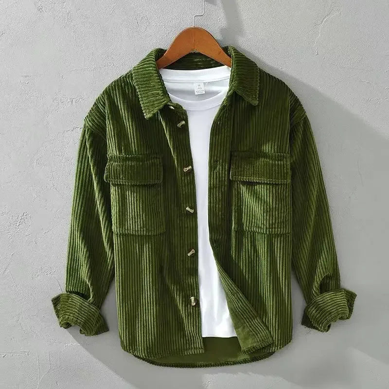 Men's long-sleeved corduroy shirt with button front and two chest pockets