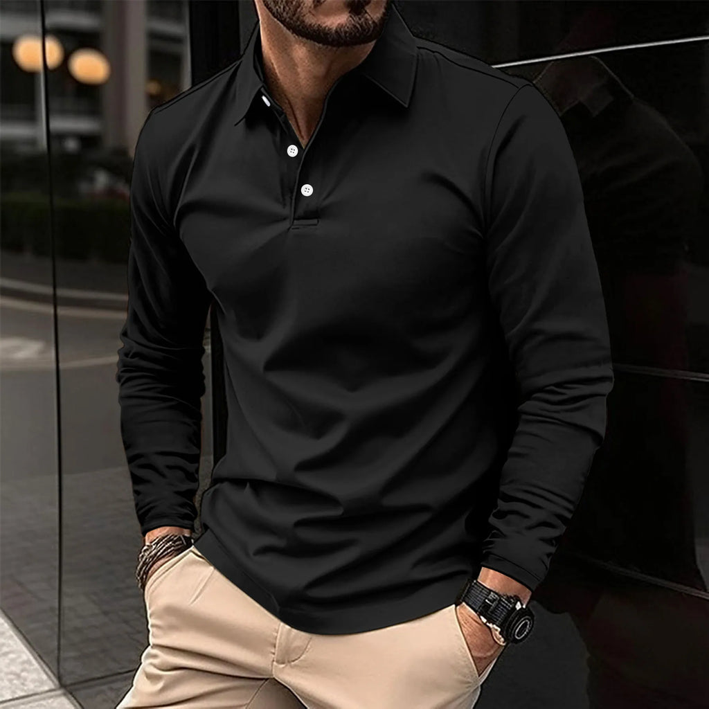 Men's long sleeve polo shirt with collar and button placket