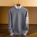 Men's crew neck sweater with contrasting striped sleeve detail
