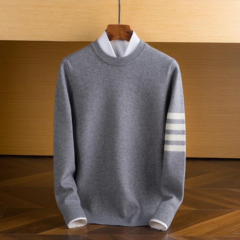 Men's crew neck sweater with contrasting striped sleeve detail