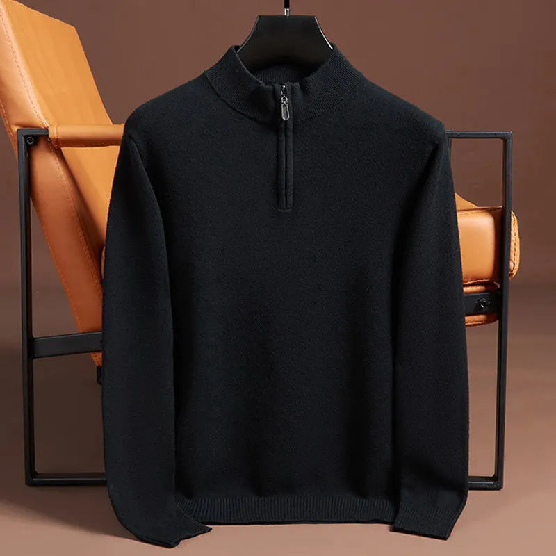 Men's half-zip mock neck jumper with long sleeves and ribbed trims