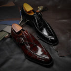 Crocodile-texture loafers with buckle straps and low heels