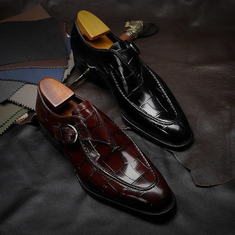 Crocodile-texture loafers with buckle straps and low heels